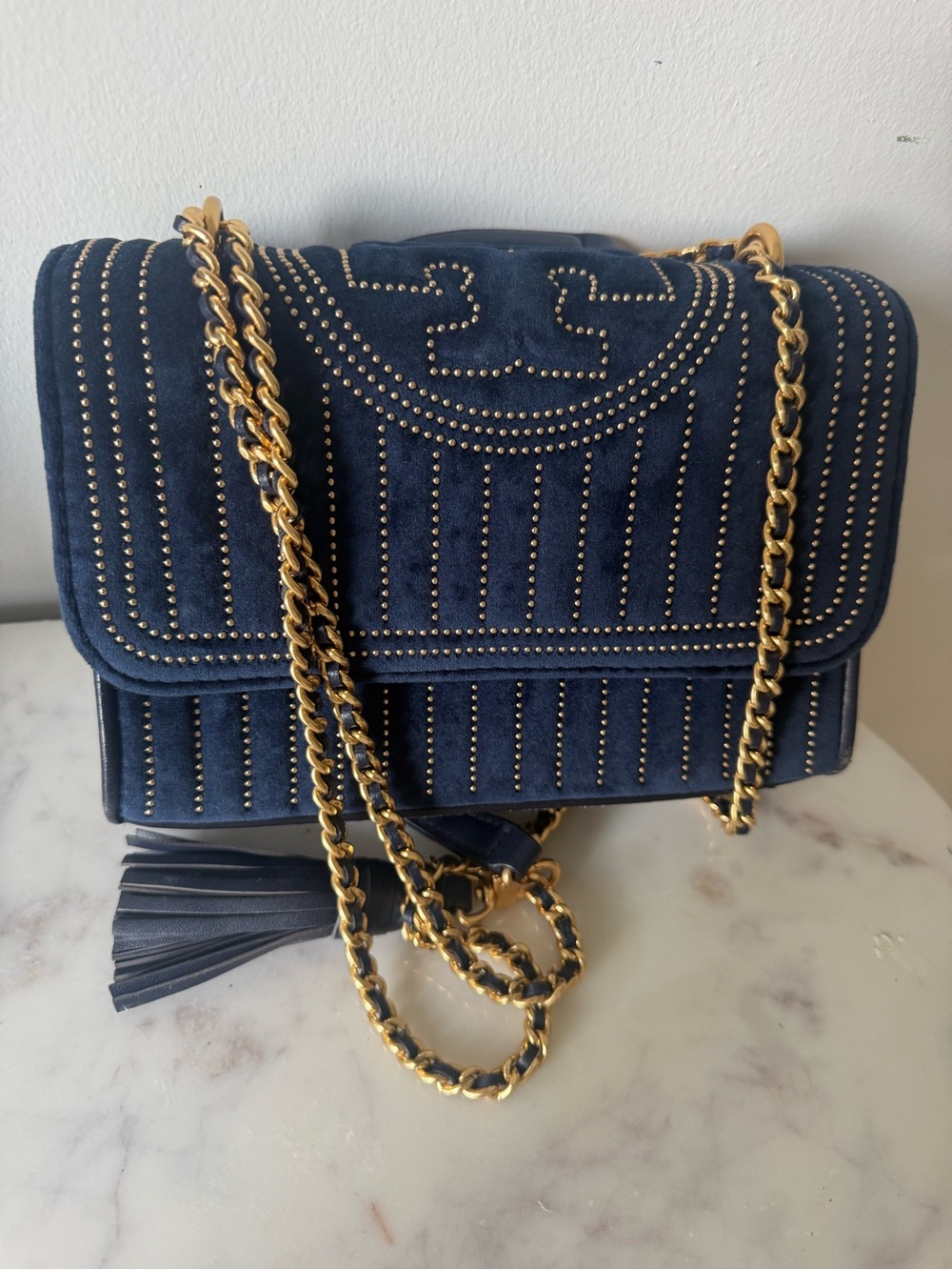 Tory Burch Navy Suede Studded Chain Crossbody